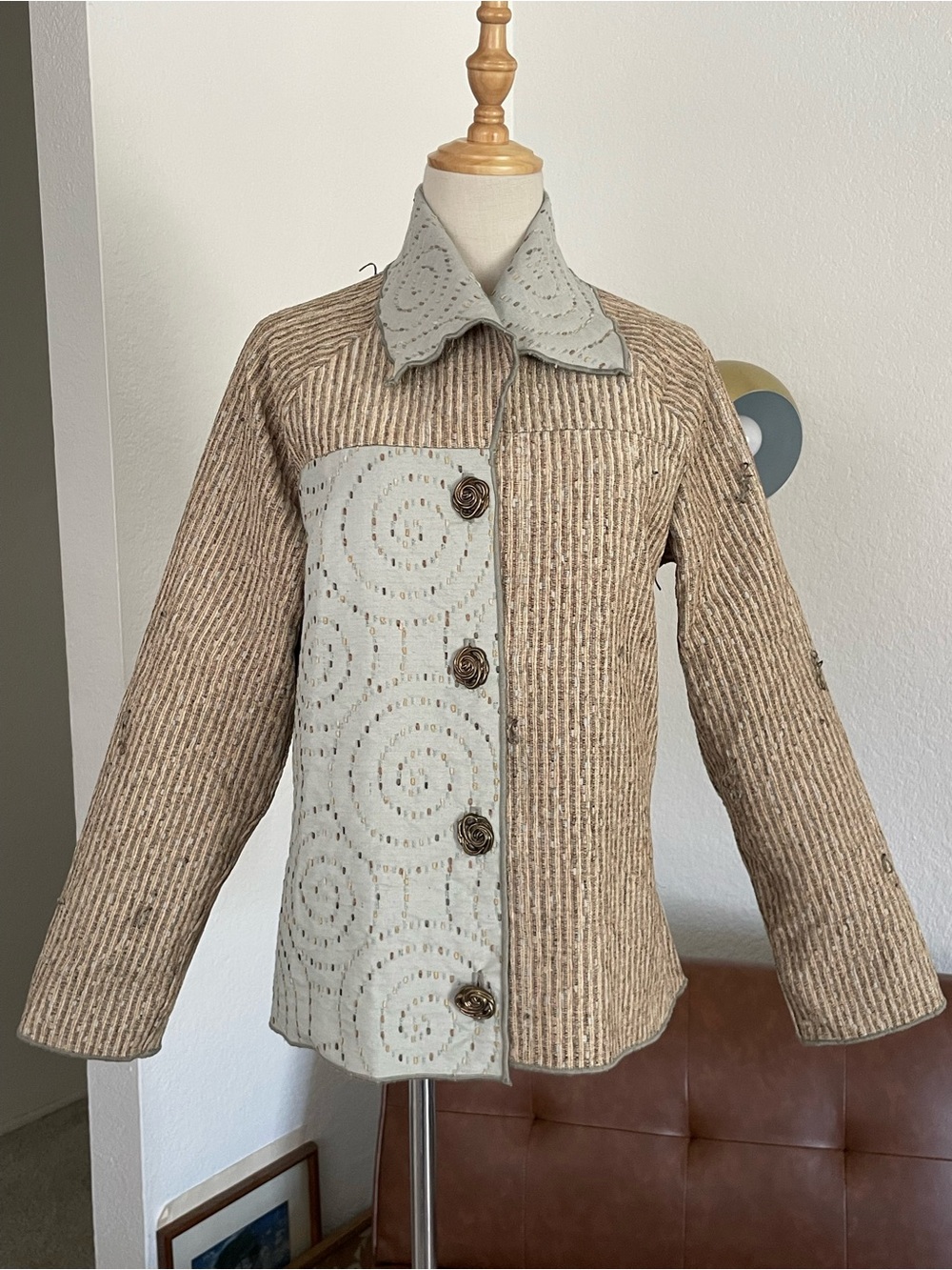 Boho Hippie Casual Textured Rose Button Quilt Jacket